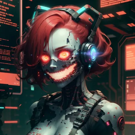 <lora:MalwareTech-22:0.9>, matwaretech , scifi, cyberpunk, pixelated, malware glitch, creepypasta ,
1girl, glowing hair ,red hair,
