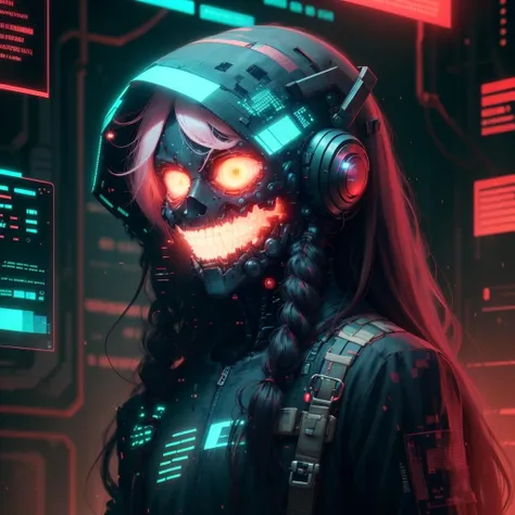 <lora:MalwareTech-22:0.9>, matwaretech  , scifi, cyberpunk, pixelated,  malware glitch,  creepypasta ,
1boy, glowing hair , long hair,