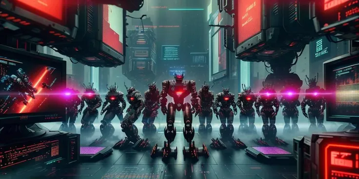 ((a horde of (screen head robots) stand in a crowded city)), Army of screens, a bunch of people (with a large console television monitor head displaying the NTSC 4:3 format) that are standing in the street, horde of robots with screen heads, screen floor, screen walls, screen sky, cyberpunk art. [Love, Death, and Robots] <lora:MalwareTech-22:0.8>, matwaretech , cubic television head, scifi, cyberpunk, pixelated, malware glitch hues, array of crt televisions, masterpiece, best quality