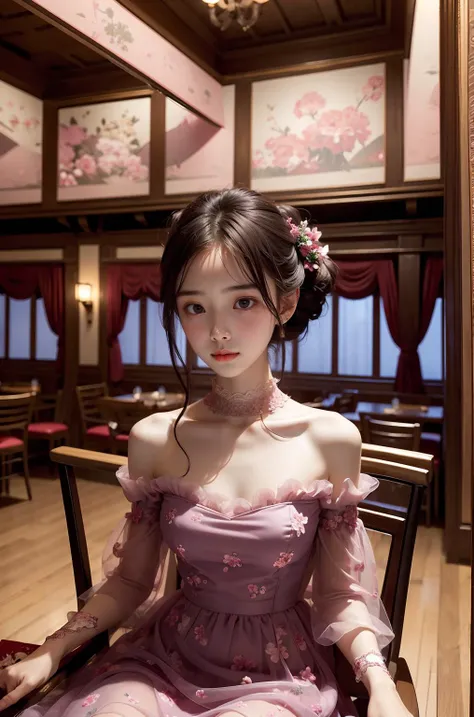 (((masterpiece))), (((best quality))), (((restaurant))), (((night))), (((indoor))), [sitting on chair,  alot of crowd, solo, 1girl, pink complex pattern chiffon tulle floral dress, red net collar, strapless, sleeves, hairclip, ribbon, longhair, huge tits, ((petite figure proportion)):0.2], <lora:tangfengspabelleV2:0.5>