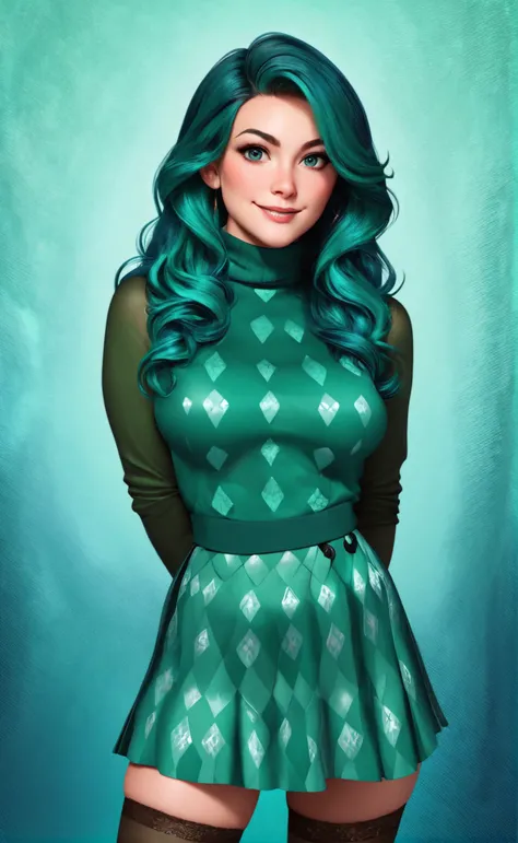 woman wearing sleefest with Green argyle pattern with skirt bottom. Brown stockings with Turquoise decoration, turtleneck, , standing,
 solo, long hair, looking at viewer, dark green hair,  smile,
([Emily( :0)Blunt|Sophie( :0)Turner|riley reid]:0.85), hands behind back,
Moonlit forest clearing and ethereal glow at background,
BREAK
score_9, score_8_up, score_7_up, score_6_up  
<lora:holiday_outfit_sleefest_pony:0.70>
<lora:xvision_style:0.15> xvision style,