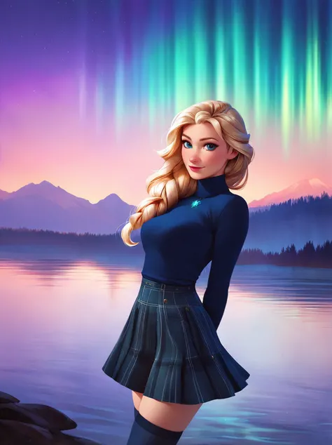 woman wearing sleefest with Navy blue argyle pattern with skirt bottom. matching stockings with Navy blue decoration, turtleneck, , closeup,
 solo, long hair, looking at viewer, blonde hair,  fascinating look,
([Ashley( :0)Greene|ana cozar|Taylor( :0)Swift]:0.85), hands behind back,
Frozen lake and aurora borealis overhead at background,
score_9, score_8_up, score_7_up, score_6_up BREAK 
<lora:holiday_outfit_sleefest_pony:0.40>