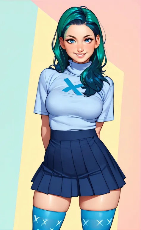 woman wearing sleefest with Blue criss cross pattern with mini skirt bottom. Indigo stockings with Peach pattern, turtleneck, , middle shot,
 solo, long hair, looking at viewer, green hair,  smile,
([Emma( :0)Stone|littl(:0)e caprice|lauralie chap]:0.85), hands behind back,
Quaint bed and breakfast and sunrise at background,
BREAK
score_9, score_8_up, score_7_up, score_6_up  
<lora:holiday_outfit_sleefest_pony:0.55>
<lora:xvision_style:0.15> xvision style,