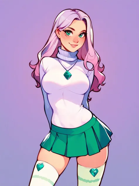 woman wearing sleefest with Green diamond decoration with mini skirt bottom. matching stockings with Pink pattern, turtleneck, , middle shot,
 solo, long hair, looking at viewer, light purple hair,  sparkling eyes,
([Cindy( :0)Crawford|lauralie chap|Hayley( :0)Williams]:0.85), hands behind back,
Local farmer's market and fresh produce at background,
score_9, score_8_up, score_7_up, score_6_up BREAK 
<lora:holiday_outfit_sleefest_pony:0.40>