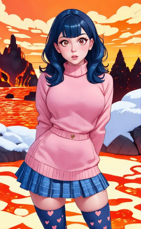 woman wearing sleefest with Peach heart pattern with skirt bottom. Indigo stockings with Beige decoration, turtleneck, , closeup,
 solo, long hair, looking at viewer, black hair,  surprised,
([Jacqueline( :0)Bisset|Natalie( :0)Portman|brandi bae]:0.85), hands behind back,
Volcanic landscape and lava rivers and smoke at background,
BREAK
score_9, score_8_up, score_7_up, score_6_up  
<lora:holiday_outfit_sleefest_pony:0.75>
<lora:xvision_style:0.60> xvision style,
