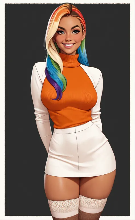 woman wearing sleefest with Tan argyle decoration with mini skirt bottom. matching stockings with Orange decoration, turtleneck, , middle shot,
 solo, long hair, looking at viewer, rainbow hair,  smile,
([Kate( :0)Beckinsale|Taylor( :0)Swift|lauralie chap]:0.85), hands behind back,
Old western saloon and cowboys at background,
BREAK
score_9, score_8_up, score_7_up, score_6_up  
<lora:holiday_outfit_sleefest_pony:0.60>
<lora:xvision_style:0.20> xvision style,