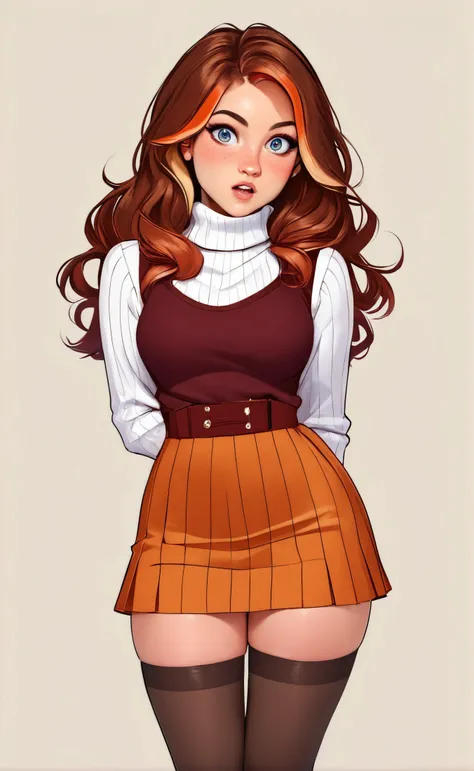 woman wearing sleefest with Tan stripes decoration with mini skirt bottom. matching stockings with White decoration, turtleneck, , middle shot,
 solo, long hair, looking at viewer, multicolored hair,  surprised,
([Emma( :0)Roberts|Sienna( :0)Miller|Audra Miller]:0.85), hands behind back,
Old western saloon and cowboys at background,
BREAK
score_9, score_8_up, score_7_up, score_6_up  
<lora:holiday_outfit_sleefest_pony:0.50>
<lora:xvision_style:0.50> xvision style,