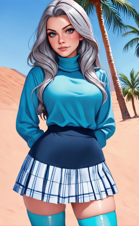 woman wearing sleefest with White stripes decoration with skirt bottom. Turquoise stockings with Navy blue decoration, turtleneck, , middle shot,
 solo, long hair, looking at viewer, grey hair,  fascinating look,
([Heidi( :0)Klum|Lana( :0)Del( :0)Rey|faye reagan]:0.85), hands behind back,
Desert oasis and palm trees and mirage at background,
BREAK
score_9, score_8_up, score_7_up, score_6_up  
<lora:holiday_outfit_sleefest_pony:0.60>
<lora:xvision_style:0.50> xvision style,