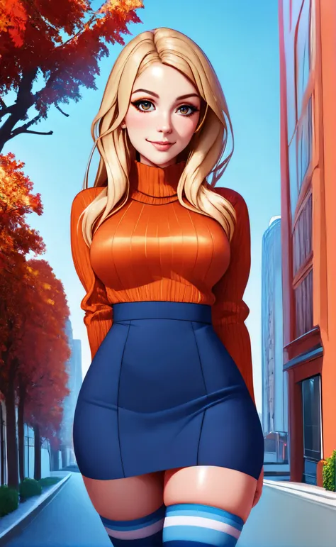 woman wearing sleefest with Indigo stripes decoration with skirt bottom. matching stockings with Orange stripes, turtleneck, , standing,
 solo, long hair, looking at viewer, blonde hair,  naughty smile,
([Vanessa( :0)Hudgens|avi love|Emma( :0)Watson]:0.85), hands behind back,
City park and autumn leaves falling at background,
BREAK
score_9, score_8_up, score_7_up, score_6_up  
<lora:holiday_outfit_sleefest_pony:0.80>
<lora:xvision_style:0.60> xvision style,