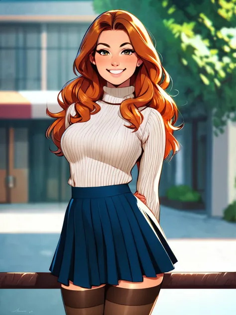 woman wearing sleefest with Tan diamond decoration with mini skirt bottom. matching stockings with Lime decoration, turtleneck, , middle shot,
 solo, long hair, looking at viewer, orange hair,  smile,
([Selena( :0)Gomez|marina visconti|krystal boyd]:0.85), hands behind back,
Quiet suburban street and sunset at background,
score_9, score_8_up, score_7_up, score_6_up BREAK 
<lora:holiday_outfit_sleefest_pony:0.50>