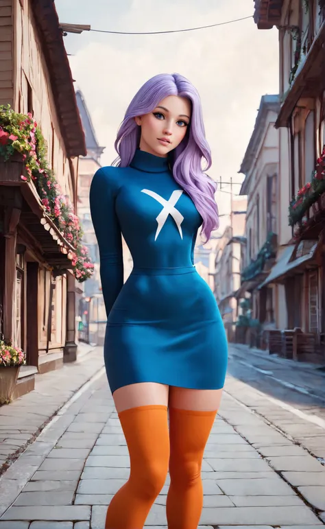 woman wearing sleefest with Blue criss cross decoration with skirt bottom. Orange stockings with White pattern, turtleneck, , standing,
 solo, long hair, looking at viewer, light purple hair,  surprised,
([Cindy( :0)Crawford|Gal( :0)Gadot|ana cozar]:0.85), hands behind back,
Old western ghost town and dusk at background,
BREAK
score_9, score_8_up, score_7_up, score_6_up  
<lora:holiday_outfit_sleefest_pony:0.55>
<lora:xvision_style:0.15> xvision style,
