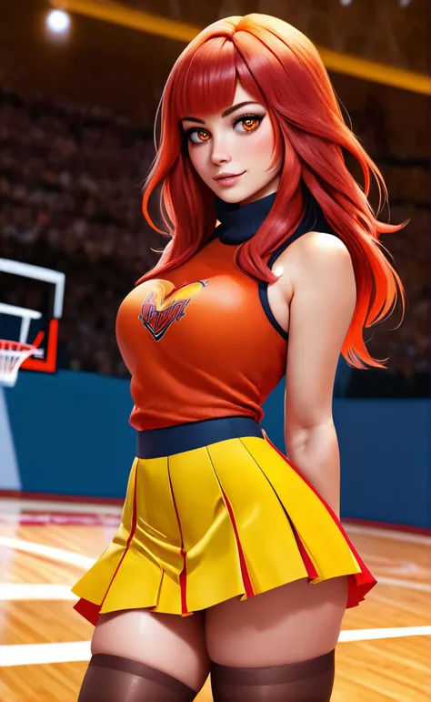 woman wearing sleefest with Maroon heart pattern with skirt bottom. Brown stockings with Yellow pattern, turtleneck, , middle shot,
 solo, long hair, looking at viewer, multicolored hair,  sparkling eyes,
([Marisa( :0)Tomei|Hayley( :0)Williams|alex coal]:0.85), hands behind back,
Inner-city basketball court and evening at background,
BREAK
score_9, score_8_up, score_7_up, score_6_up  
<lora:holiday_outfit_sleefest_pony:0.45>
<lora:xvision_style:0.60> xvision style,