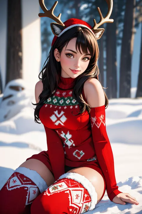 ((Masterpiece, best quality,edgQuality)),solo,1girl,smiling,excited,(snow field),
wearing holiday outfit, wearing holiday stockings, knitted clothes <lora:holiday_outfir_lora_sd_1.5_tr_01:0.7>
edgReindeer, a woman in a red reindeer costume posing for a picture ,wearing edgReindeer,deer antlers,santa cosplay
 <lora:edgRagingReindeer:0.35>