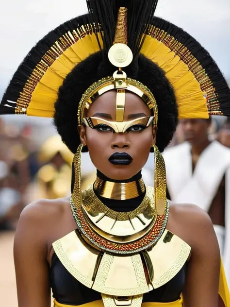 Orisha oxum, deusa Africana, African accessories, Golden sequined skirt with slit belt with conch shells, cinto dourado, colares Zulu, Nigeria, inspirada em Grace Jones, Cachoeira, lilies, wakanda, Afrofuturismo, misticismo, Cultura africana