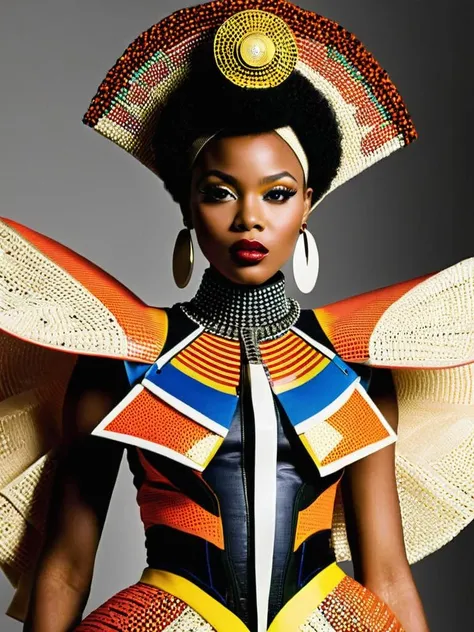 Afrofuturist fashion documentaries, exploring the stories of designers and creatives who are shaping the future of fashion with their Afrocentric visions, fashion:1.4, stories:1.3, visions:1.2. , afrofuturism<lora:Afrofuturist_Fashion:1>