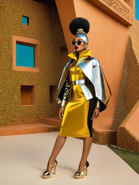 Afrofuturist outerwear, with sleek, metallic jackets and Afrocentric detailing, offering a fusion of style and functionality for the modern fashion enthusiast, fashion:1.3, style:1.2, functionality:1.4. , afrofuturism<lora:Afrofuturist_Fashion:1>