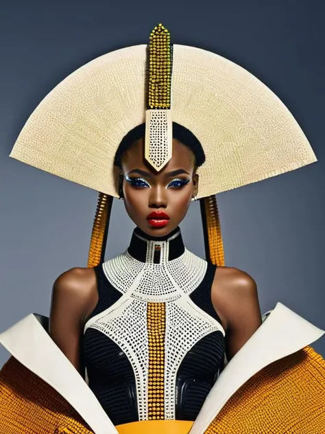 A daring Afrofuturist fashion editorial, showcasing models adorned in metallic bodysuits and Afrocentric accessories against a cosmic backdrop, fashion:1.4, editorial:1.3, cosmic:1.2. , afrofuturism<lora:Afrofuturist_Fashion:1>