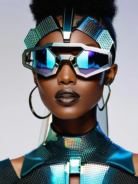 Afrofuturist eyewear, with geometric frames and holographic lenses, making a bold statement at the intersection of fashion and technology, fashion:1.4, statement:1.3, technology:1.2. , afrofuturism<lora:Afrofuturist_Fashion:1>