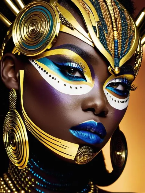 Afrofuturist makeup artistry, with bold metallic eyeshadows and intricate patterns that draw inspiration from African art and science fiction, fashion:1.3, artistry:1.4, inspiration:1.2. , afrofuturism<lora:Afrofuturist_Fashion:1>