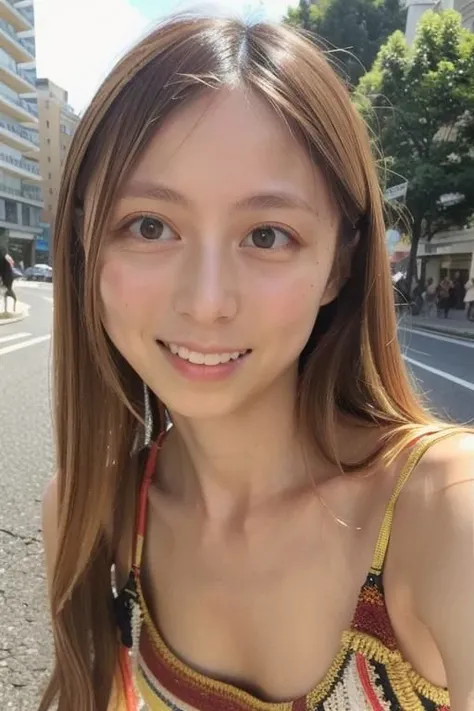 Original eyes, dark blonde dyed  long wavy hair, no makeup , Small breasts young woman, Nsfw,  best quality, photo realistic , pale skin, downblouse, nipslip,  masterpieceHDR, professional portraitpoint of view, low cut loose colourful clothes,   street fashion