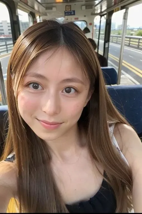 Original eyes, dark blonde dyed wavy medium hair, dedicated eyes, Small breasts young woman, Nsfw,  best quality, photo realistic , pale skin, masterpiecedownblouse nipslip, traveling by bus, view from side above