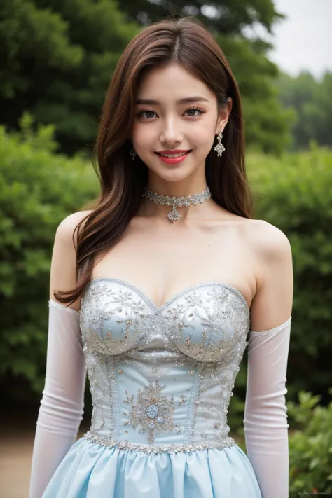 (masterpiece:1.5), (((top quality, best quality, high quality))), ((intricately detailed, ultra-detailed, insanely detailed)), highres, 32K, extremely detailed unity CG 8K wallpaper, (beautiful and aesthetic:1.2),, (depth of field:1.3),
((brilliant full lighting, luscious colors)),  (close up:1.2),
(upper body:1.6),
(1girl:1.5), (mature:1.4), (elegant:1.4), (graceful:1.5),
beautiful gorgeous face, [(detailed face:1.2):0.2], bright big eyes, pureerosface_v1, (red lips:1.3), (full glossy lips:1.3), (smile:1.4), (open mouth),
perfect feminine body, bright glistening skin, realistic skin, skin pores, narrow waist,
BREAK ballgown,  wearing a ballgown, <lora:edgBallgown_MINI:0.75>, (ruffled dress:1.3, long sleeves:1.4), (glittered choker:1.5), (fabrication glitters:1.5), (luxury intricate clothing jewelries), (clothing sparkles:1.4), (sparkling particles:1.3),  (((identical))) earrings,  armlets,
(standing alone in an outdoor botanical garden decorated with jewelries and gemstones and colorful exotic flowers and bushes:1.5), (outside a grand ancient palace:1.5), (fantasy:1.5), (surrealism:1.5),