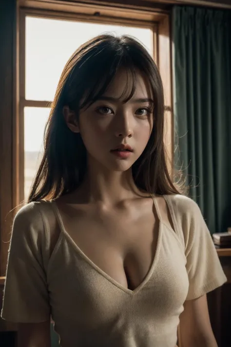 korean celebrity girl:0.5, cleavage visible, freshly awakened, long hair, loose hair, messy hair, Face in light beam, capturing a home-made style selfie, selfie photo, Taking a selfie, Background  a white wall, Soft, dawn light filters through sheer curtains, Light breaks into the room, dark lighting, dim lighting, A room with dark lighting. Camera Settings: Type of Photography: Selfie photo, Setting/1.8, ISO 80, 1/50 sec.