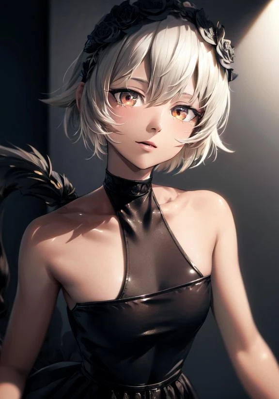 (((masterpiece))), 4k res, highly detailed, (((extremely detailed eyes))), detailed background, cinematic lighting, high quality, best quality, 4k, super detailed,focus sharp,RTX, 8K, beautiful face, 1girls, white hair, short hair, orange eyes, tail, brown skin, black dress, headband,
<lora:add_detail:1.2> , <lora:strengthBRS-08:0.8>
