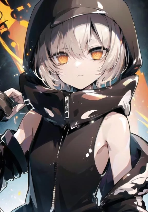 (((masterpiece))), 4k res, highly detailed, (((extremely detailed eyes))), detailed background, cinematic lighting, high quality, best quality, 4k, super detailed,focus sharp,RTX, 8K, beautiful face, strengthBRS,1girls, white hair, short hair, orange eyes, tail, brown skin, mechanical glove, hood, black clothes,sleeveless jacket,
<lora:add_detail:1.2> , <lora:strengthBRS-08:0.7>