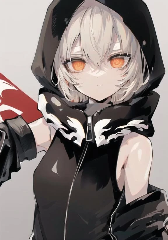 (((masterpiece))), 4k res, highly detailed, (((extremely detailed eyes))), detailed background, cinematic lighting, high quality, best quality, 4k, super detailed,focus sharp,RTX, 8K, beautiful face, strengthBRS,1girls, white hair, short hair, orange eyes, tail, brown skin, mechanical glove, hood, black clothes,sleeveless jacket,
<lora:add_detail:1.2> , <lora:strengthBRS-08:0.7>