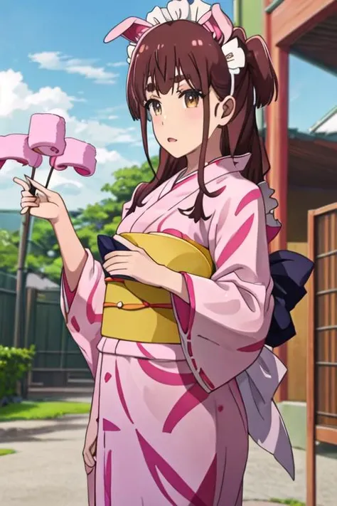 best quality, masterpiece, highres, solo, {yukata:1.40}, {kimono:1.20}, {wahira_nagomi_akibameidosensou:1.15}, brown_hair, maid, maid_headdress, brown_eyes, animal_ears, bow, fake_animal_ears, long_hair, pig_ears, maid_apron, yellow_eyes, pink_bow