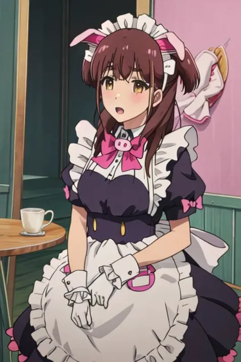 best quality, masterpiece, highres, solo, {wahira_nagomi_akibameidosensou:1.15}, brown_hair, maid, maid_headdress, brown_eyes, animal_ears, bow, fake_animal_ears, long_hair, pig_ears, maid_apron, yellow_eyes, pink_bow, 1girl, anime_coloring, open_mouth, blush, two_side_up, dog_ears
