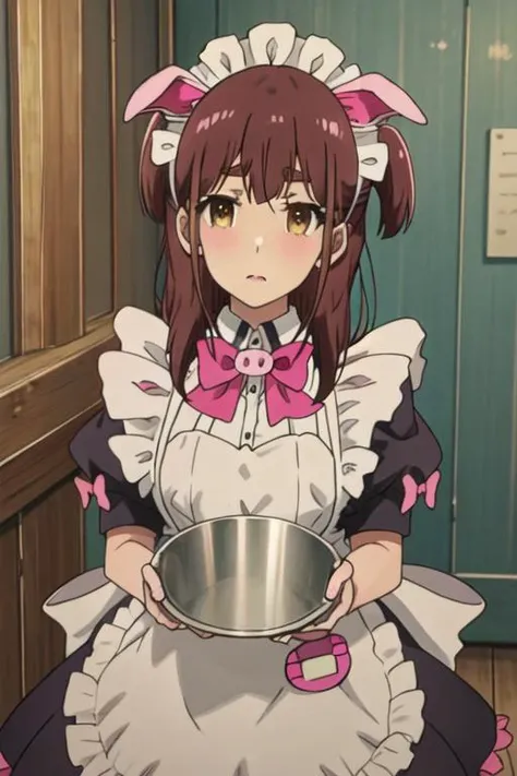 best quality, masterpiece, highres, solo, {wahira_nagomi_akibameidosensou:1.15}, brown_hair, maid, maid_headdress, brown_eyes, animal_ears, bow, fake_animal_ears, long_hair, pig_ears, maid_apron, yellow_eyes, pink_bow, 1girl, apron, blush, looking_at_viewer, puffy_sleeves, short_sleeves, two_side_up, upper_body