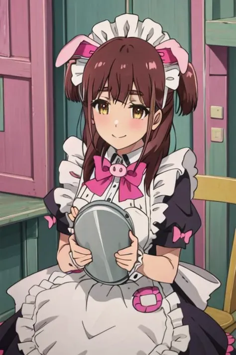 best quality, masterpiece, highres, solo, {wahira_nagomi_akibameidosensou:1.15}, brown_hair, maid, maid_headdress, brown_eyes, animal_ears, bow, fake_animal_ears, long_hair, pig_ears, maid_apron, yellow_eyes, pink_bow, 1girl, blush, looking_at_viewer, smile, two_side_up, wrist_cuffs