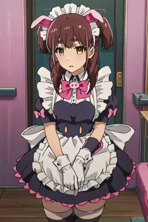 best quality, masterpiece, highres, solo, {wahira_nagomi_akibameidosensou:1.15}, brown_hair, maid, maid_headdress, brown_eyes, animal_ears, bow, fake_animal_ears, long_hair, pig_ears, maid_apron, yellow_eyes, pink_bow, 1boy, 1girl, looking_at_viewer, short_sleeves, short_twintails, twintails, gloves, visor_cap