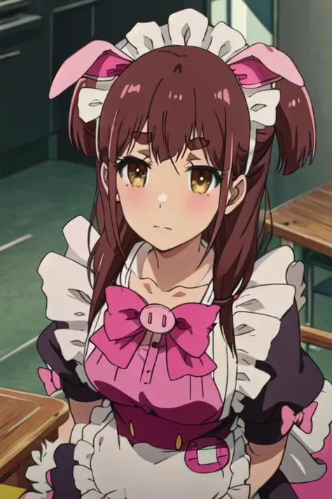 best quality, masterpiece, highres, solo, {wahira_nagomi_akibameidosensou:1.15}, brown_hair, maid, maid_headdress, brown_eyes, animal_ears, bow, fake_animal_ears, long_hair, pig_ears, maid_apron, yellow_eyes, pink_bow, 1girl, hoodie, hood, bangs, looking_at_viewer, blush, anime_coloring, orange_hoodie, collarbone, thick_eyebrows
