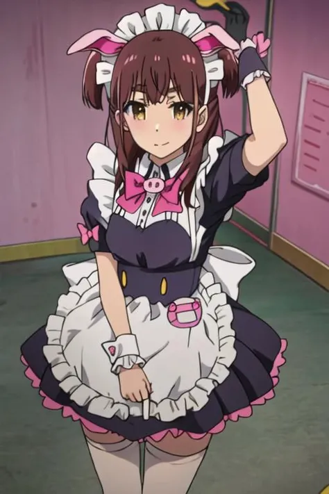 best quality, masterpiece, highres, solo, {wahira_nagomi_akibameidosensou:1.15}, brown_hair, maid, maid_headdress, brown_eyes, animal_ears, bow, fake_animal_ears, long_hair, pig_ears, maid_apron, yellow_eyes, pink_bow, 1girl, two_side_up, looking_at_viewer, anime_coloring