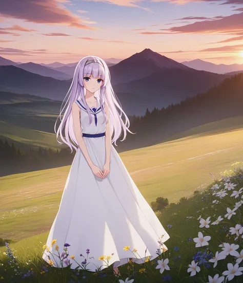 score_9, score_8_up, score_7_up, best quality, masterpiece, 4k, uncensored, prefect lighting, rating_explicit, very aesthetic, 
 (melfina:1), light purple hair, blue eyes, expressionless, white sleeveless dress, silver hairband BREAK outdoors, mountain, day, sky, flower, mountainous horizon, blue sky, grass,   nearly nude, <lora:melfina-ponyxl-1-000008:0.7>
official art,anime coloring,
cinematic angle, cinematic lighting, highly detailed, Amazing, finely detail,
<lora:neg4all_bdsqlsz_xl_V7:0.9>,