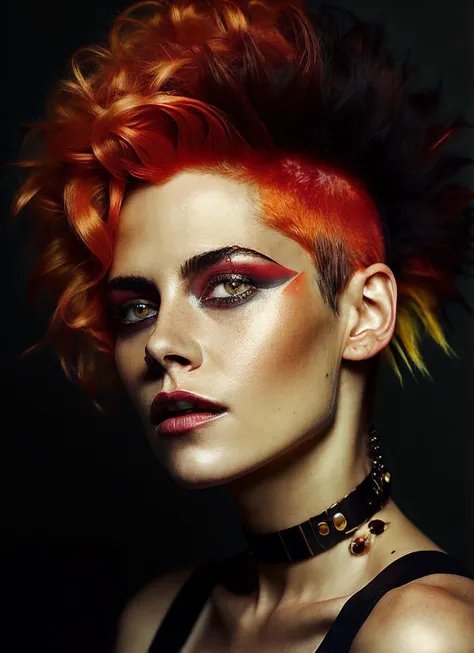 portrait of sks woman by Flora Borsi, style by Flora Borsi, bold, bright colours, orange Mohawk haircut, ((Flora Borsi)), <lora:locon_v_v1_from_v2_64_32:1.3>