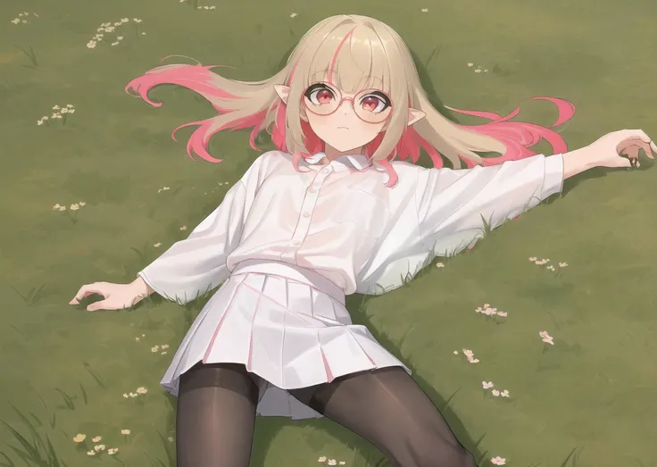 <lora:makaino_ririmu_(sabamen):0.6>, masterpiece, highres, 1girl, solo, from above, lying, on back, (black pantyhose:1.3), colored inner hair, multicolored hair, white shirt, (red skirt:1.3), glasses, round eyewear, pink hair, pointy ears, blonde hair, red eyes, medium hair, streaked hair, two-tone hair, grass, toes, looking at viewer