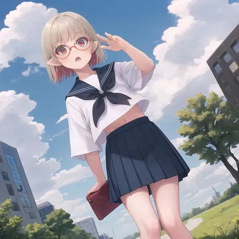 <lora:makaino_ririmu_(sabamen):0.6>, masterpiece, highres, 1girl, (outdoors:1.2), (building:1.2), dutch angle, clouds, midriff, blonde hair, female child, pointy ears, red eyes, short hair, school uniform, blue skirt, pleated skirt, white shirt, sailor collar, bow, (glasses:1.2), (surprised:0.7), open mouth, city, tree