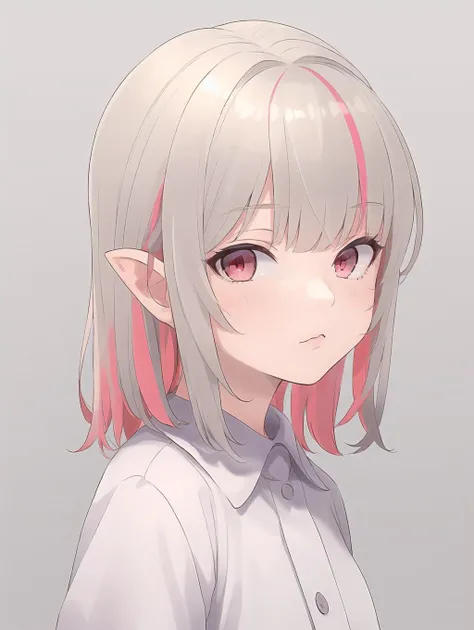 <lora:makaino_ririmu_(sabamen):0.7>, masterpiece, highres, 1girl, solo, simple background, medium hair, multicolored hair, pink hair, pointy ears, red eyes, streaked hair, two-tone hair, portrait