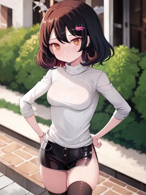 masterpiece, best quality, 1girl, soli, <lora:sse-3:1>,short hair, red hair, sweater, thighhighs, hand on hips,hair ornament,
