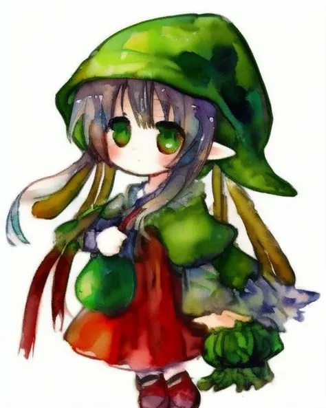1girl, watercolor, sketch, green gnome, traditional_media, white_background <lora:green_suits_v1:0.7>