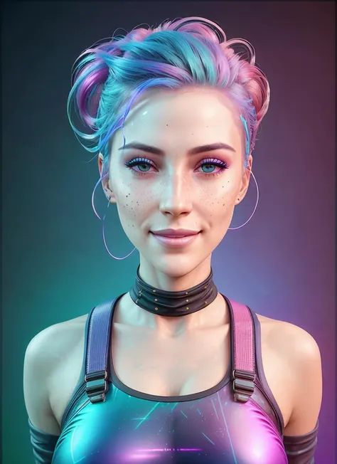 award winning half body portrait of a synthwave swpunk woman with freckles smiling in a croptop and cargo pants with ombre navy blue teal hairstyle with head in motion and hair flying, paint splatters, splatter, outrun, vaporware, shaded flat illustration, digital art, trending on artstation, highly detailed, fine detail, intricate