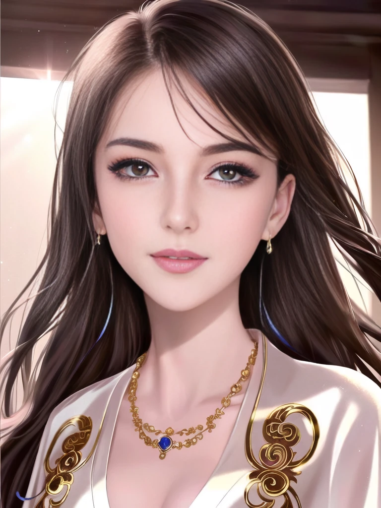 High Detail, Sharp focus, dramatic, photorealistic, hyper realistic,solo,solo focus.
full body portrait,  <lora:oliviaDiffusion_olivia:1> [with a warm smile:0.8] wearing (ornate silk hanfu),gold hair ornament, necklace with sapphire,at dusk.
 depth of field, light rays, (light particles:0.9), and soft shadows on her face, looking at viewer, [Paul Hedley:0.5], warm tone