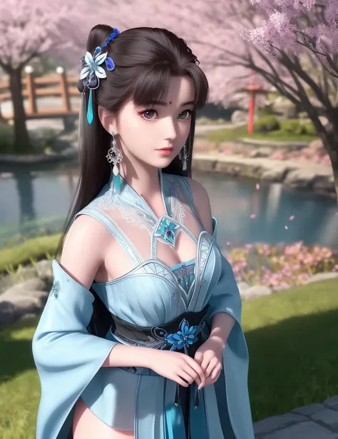 ultra realistic 8k cg, picture-perfect face, flawless, clean, masterpiece, professional artwork, famous artwork, cinematic lighting, cinematic bloom, perfect face, beautiful face, fantasy, dreamlike, unreal, science fiction, beautiful clothes, lace, lace trim, lace-trimmed legwear, (rich:1.4), prestige, luxury, jewelry, diamond, gold, pearl, gem, sapphire, ruby, emerald, intricate detail, delicate pattern, charming, alluring, seductive, erotic, enchanting, hair ornament, necklace, earrings, bracelet, armlet,halo
((,1girl, pov,))(((,blue flower, , 1girl, tree, spring_\(season\), solo, petals, black_hair, japanese_clothes,looking at viewer, ))) <lora:DA_LanLingEr:0.6>