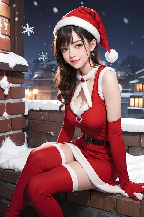 sntgrls, 1girl, red outfit, bare arms, mature woman, smiling, snow flakes, night, chimney, sitting  <lora:santa-04:0.6>