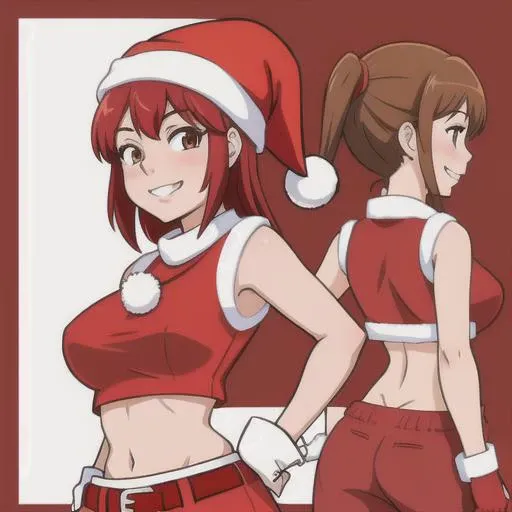 sntgrls, 1girl, <lora:santa-04:1>, red outfit, bare arms, grin, back view, standing, (mature woman), half closed eyes, blushing, crop top