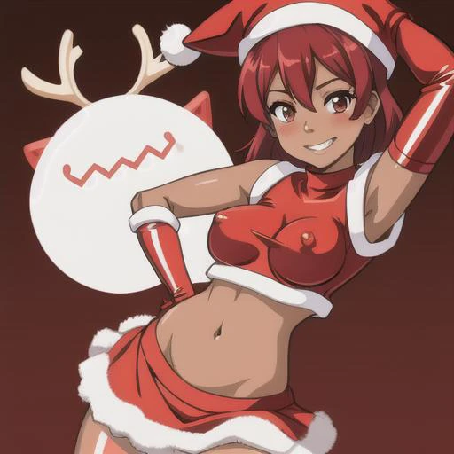 sntgrls, 1girl, <lora:santa-04:1>, red outfit, bare arms, grin, (mature woman), horny, blushing, ((shiny skin)), dark skin, nsfw, midriff, short skirt